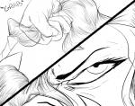 angry anthro black_and_white dreamy_pride dreamy_pride_(character) duo frown hair hair_grab hi_res light_eyes light_hair mammal monochrome suid suina sus_(pig) touching_hair tusks wild_boar