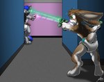 anthro blush bodily_fluids butt canid canine canis catmonkshiro clean_diaper clothing detailed_background diaper duo exposed_diaper gun gun_holster lagomorph laser laser_beam laser_gun leporid male mammal rabbit ranged_weapon surprise sweat weapon wolf