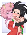 afrobull after_sex ahegao ashido_mina blush bodily_fluids breasts clothing duo female female/female gesture hair hand_gesture heart_symbol hi_res horn horned_humanoid human humanoid looking_pleasured mammal momo_yaoyorozu my_hero_academia not_furry pink_body pink_hair saliva sweat v_sign