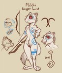 anthro atane27 barbell_piercing bow_accessory breasts domestic_ferret female genitals hi_res mammal mildri_(atane27) mustelid musteline nipple_barbell nipple_piercing nipples nude one_nipple_pierced piercing pubes pussy red_eyes smile solo tattoo true_musteline weasel white_body