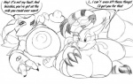 6_breasts all_fours anthro badgerben bandai_namco big_breasts black_and_white black_sclera breasts canid canine comic digimon digimon_(species) duo ear_tuft english_text felid female fur gatomon huge_breasts hyper hyper_breasts lying mammal monochrome multi_breast nipples on_back puffy_nipples renamon tail text traditional_media_(artwork) tuft