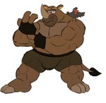 amideo anthro avian barazoku beak biceps big_muscles bird black_rhinoceros blind bottomwear boxing_gloves boxing_shorts bulge clothed clothing digital_media_(artwork) disability duo flexing fur gloves hairy handwear hi_res horn legwear male male/male mammal mature_male musclegut muscular muscular_anthro muscular_male niles_(tales_from_scorchwater_valley) pants pecs pronounced_browridge red-billed_oxpecker red_(tales_from_scorchwater_valley) rhinoceros shorts simple_background stubble tail tales_from_scorchwater_valley