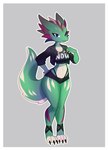 absurd_res anthro blue_eyes border clothing crop_top female green_body hi_res jacket kobold nova_(xanedis) revillain shirt slim solo topwear white_border