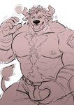 abs anothereidos_of_dragon_vein_r anthro body_hair bovid bovine bulge_grab cattle chest_hair ear_piercing ear_tag facial_piercing hair happy_trail hi_res koginoro_28 male mammal muscular muscular_male nipple_piercing nipples nose_piercing nose_ring pecs piercing pubes ring_piercing self_grope solo tongue tongue_out volund volund_(anothereidos_r)