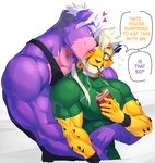 2022 anthro bear biceps black_clothing black_shirt black_tank_top black_topwear blonde_hair cheetah clothing cuddling deltoids english_text felid feline food fur green_clothing green_eyes green_shirt green_topwear hair hug kuron long_ponytail male mammal markings nate_(kuron) pecs pike_(kuron) pocky pocky_and_pretz_day pocky_in_mouth ponytail purple_body purple_fur shirt speech_bubble spots spotted_body spotted_fur tank_top text topwear triceps ursine white_hair wristband yellow_body yellow_eyes yellow_fur