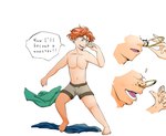 clothed clothing discarded_clothing english_text facial_piercing hair human human_only male mammal nojo nose_piercing nose_ring not_furry open_mouth orange_hair partially_clothed piercing ring_piercing simple_background solo speech_bubble standing text transformation white_background