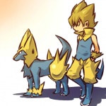 1:1 alternate_species blonde_hair blue_body blue_fur claws clothed clothing cosplay duo feral footwear fully_clothed fur generation_3_pokemon hair hand_in_pocket hitec human humanized looking_aside male mammal manectric nintendo nude pockets pokemon pokemon_(species) pokemon_trainer raised_tail short_hair simple_background sleeveless_shirt standing tail tan_body tan_skin white_background yellow_body yellow_fur