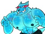 2024 abs absurd_res anthro barazoku biceps big_fangs big_muscles biped blue_body blue_fur canid canine canis fangs fur hi_res huge_muscles janjauwu looking_at_viewer male mammal mr_beast_(logo) muscular pecs shirtless_anthro shirtless_male solo teeth wolf