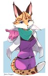 2022 absurd_res anthro belt blue_eyes breasts clothed clothing ear_piercing ear_ring ear_tuft eyebrows eyelashes felid feline female female_anthro fur gloves handwear hi_res inner_ear_fluff kemono kerchief looking_at_viewer lynx mammal markings miyu_(star_fox) namagakiokami nintendo open_mouth piercing purple_eyes ring_piercing solo spots spotted_body spotted_fur star_fox tuft white_body white_fur yellow_body yellow_fur