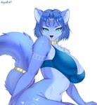 2024 absurd_res accessory anthro big_breasts blue_body blue_clothing blue_fur blue_hair blue_underwear bra breasts canid canine choker clothing female fox front_view fur furgonomics gold_(metal) gold_jewelry green_eyes hair hi_res jewelry kazutor0 krystal_(star_fox) looking_at_viewer mammal necklace nintendo pinup pose smile solo star_fox tail tail_accessory tail_jewelry underwear view