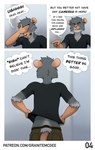 annoyed anthro bottomwear buckteeth clothed clothing comic dialogue english_text fully_clothed fur furgonomics granitemcgee grey_body grey_fur hi_res lab_rat_(granitemcgee) male mammal murid murine rat rear_view rodent shirt shorts solo speech_bubble t-shirt teeth text topwear undressing url whiskers