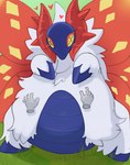 2023 absurd_res ambiguous_gender ancient_pokemon anthro arthropod belly belly_rub belly_squish big_belly big_wings biped blue_body blush digital_drawing_(artwork) digital_media_(artwork) disembodied_hand duo fluffy front_view fur generation_9_pokemon grass green_background hand_on_belly happy heart_symbol hi_res insect lepidopteran moth multicolored_body nintendo overweight overweight_ambiguous overweight_anthro paradox_pokemon plant pokemon pokemon_(species) simple_background slither_wing solo_focus squish standing white_body white_fur wings x_eyes xeniyy yellow_sclera