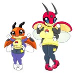 4_arms antennae_(anatomy) anthro big_breasts black_body black_eyes blue_body blue_eyes bottomwear breasts clothing duo female footwear generation_2_pokemon hi_res ledian ledyba legwear multi_arm multi_limb nintendo pokemon pokemon_(species) shoes shorts simple_background smile star sweater topwear urusee584 white_background wings