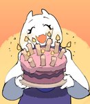 2024 2_horns anthro birthday_cake birthday_candle boss_monster_(undertale) bovid cake caprine clothed clothing dessert digital_drawing_(artwork) digital_media_(artwork) eyelashes eyes_closed female female_anthro fingers floppy_ears food front_view fur goat half-length_portrait hi_res holding_cake holding_food holding_object horn lop_ears mammal noseless open_mouth open_smile portrait simple_background smile smiling_at_viewer solo temmie_chang toriel undertale undertale_(series) white_body white_fur