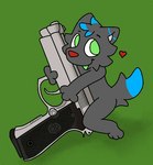 ambiguous_gender anthro blue_body blue_fur blueberry_rex canid canine canis cute_fangs digital_media_(artwork) dimple eyebrows fox fur green_background green_eyes green_teeth grey_body grey_fur gun harleyfunnycat head_tuft heart_symbol hybrid krita_(artwork) mammal micro paws ranged_weapon red_nose shadow simple_background smile solo tail tail_tuft teeth tuft weapon wolf