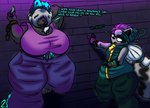 Rating: s
ID: 5592098
Date: 2025-05-23 03:23:06 -0400
Status: active
Score: 0
anthro big_breasts blue_body blue_fur breasts bubble_gum canid canine canis chain clothed clothing dark_body dark_fur destiny-yuuei dialogue duo english_text female fur hi_res huge_breasts huge_thighs male mammal neon_dark_(destiny-yuuei) procyonid raccoon text thick_thighs trick_(tricktrashing) wall_(structure) wolf post #5592098