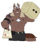 2022 abs anthro arm_tattoo armband asking_viewer barbell_piercing belt biceps black-kun black_belt black_bottomwear black_clothing black_pants blue_eyes bodily_fluids bottomwear box brown_body brown_fur canid canine canis chest_tuft clipboard clothing container domestic_dog ear_piercing ear_ring facial_hair fur goatee hair hi_res holding_box holding_clipboard holding_container holding_object hugo_(blackclownowo) jewelry male mammal muscular muscular_anthro muscular_male navel necklace nipple_barbell nipple_piercing nipples obliques pants pecs pencil_(object) pencil_behind_ear piercing ring_piercing serratus shirtless shoulder_tattoo solo sweat tattoo towel towel_around_neck tuft utility_belt vein veiny_muscles white_hair