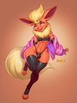 absurd_res anthro bell-bell_(artist) bulge canid canine claws clothed clothing crossdressing digital_media_(artwork) eeveelution femboy flareon fur generation_1_pokemon hair hi_res jacket legwear looking_at_viewer male mammal medic_(character) nintendo open_mouth pokemon pokemon_(species) simple_background smile solo stockings tail thigh_highs tongue topwear wide_hips