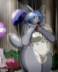 2012 anthro blue_hair breasts domestic_cat duo felid feline felis female ghibli hair holding_object holding_umbrella mammal my_neighbor_totoro outside raining size_difference slightly_chubby solo_focus tail text thick_thighs totoro translated umbrella wide_hips ymbk