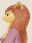 albedo_anthropomorphics anthro bernard_doove brown_hair clothed clothing domestic_cat erma_felna erma_felna:_edf felid feline felis female fur green_eyes hair mammal open_mouth simple_background solo yellow_body yellow_fur