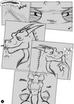 2013 ahastar ahastar_(artist) anthro bolt_(diablo_the_rex) chewing collaboration comic crunching deinonychus diablo_the_rex dinosaur dragon dromaeosaurid duo english_text european_mythology extreme_size_difference feral greyscale hard_vore hi_res larger_feral male male/male micro_in_mouth monochrome mythological_creature mythological_scalie mythology prehistoric_species reptile scalie size_difference smaller_anthro speech_bubble text theropod vore western_dragon