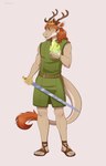 absurd_res anthro antlers athletic athletic_anthro athletic_male basket_hilt beastars belt blade caligae claws colored_fire crown dragon fangs fire green_fire headgear hi_res horn looking_at_viewer magic male medieval melee_weapon mythological_creature mythological_scalie mythology portrait prince prince_borgon royalty scabbard scalie schiavona smile solo sword tail tail_tuft teeth tommysamash tuft weapon