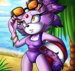 anthro ball beach beach_ball blaze_the_cat bracelet breasts cleavage clothed clothing domestic_cat eyewear felid feline felis female fur hair hi_res inflatable jewelry mammal phantomchips purple_body purple_fur seaside sega solo sonic_the_hedgehog_(series) sunglasses swimwear yellow_eyes