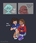 2023 bodily_fluids cassie_(fnaf) child clothed clothing comic crying dialogue digital_media_(artwork) duo english_text eye_contact female five_nights_at_freddy's five_nights_at_freddy's:_security_breach five_nights_at_freddy's:_security_breach_ruin gregory_(fnaf) hi_res holding_object human human_only looking_at_another male mammal not_furry scottgames shyestmind simple_background steel_wool_studios tears text young young_female young_human young_male