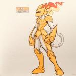 2018 alternate_color ambiguous_gender anthro armor athletic athletic_ambiguous athletic_anthro biceps biped boots breastplate clothed clothing cosplay crossover crossover_cosplay english_text fakemon featureless_crotch fire firefightdex fist flaming_hair footwear full-length_portrait gauntlets generation_4_pokemon gloves gold_(metal) greaves handwear headgear helmet hi_res humanoid_hands infernape king_arthur king_arthur_and_the_knights_of_justice long_tail looking_at_viewer mammal marco_fanjul marker_(artwork) mixed_media nintendo pauldron pen_(artwork) plantigrade plate_mail pokemon pokemon_(species) poleyn portrait primate pseudo_hair red_eyes shadow shoes side_view simple_background solo standing tail text toony traditional_media_(artwork) white_background white_body white_tail