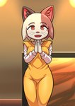 absurd_res anthro barutan calico_cat clothing domestic_cat dress felid feline felis female hair happy hi_res looking_at_viewer mammal mottled odd_taxi piebald prayer_hands shiho_ichimura_(odd_taxi) solo standing whiskers