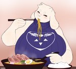 anthro big_breasts bovid bowl breasts caprine chopsticks chubby_cheeks closed_smile clothing collar container cutlery eating eating_food egg eyes_closed feeding female fluffy_ears food fur goat happy hi_res holding_object horn humanoid jaypixi kitchen_utensils mammal meat meme mouth_closed nails noodles overweight overweight_anthro overweight_female rice shirt simple_background sitting slightly_chubby slightly_chubby_anthro slightly_chubby_female slurping smile solo soup spoon sweater tools topwear toriel undertale_(series) white_body white_fur