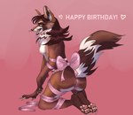 anthro anus birthday bow_ribbon breasts butt canid canine claws feet female fluffy fox genitals gift gift_wrapped hair hi_res hindpaw hybrid kytovection long_hair looking_at_viewer mammal nipples pawpads paws presenting pussy red_body small_breasts smile smirk solo tail