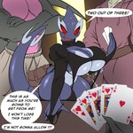 anthro big_breasts bodily_fluids breasts card cleavage clothed clothing english_text felnara_(seii3) female generation_3_pokemon hi_res holding_clothing holding_object holding_panties holding_underwear larger_male legendary_pokemon male nintendo panties pokemon pokemon_(species) seiiartworks shadow_lugia shadow_pokemon size_difference sweat text thick_thighs underwear