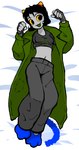 2024 alien alien_humanoid animal_humanoid black_eyes black_hair clothing coat dakimakura dakimakura_design fangs felid felid_humanoid female filthypally fingerless_gloves gloves green_clothing green_coat green_tongue green_topwear grey_body grey_skin hair handwear homestuck horn horned_humanoid humanoid lying mammal mammal_humanoid midriff ms_paint_adventures navel nepeta_leijon on_back paw_pose pose solo teeth tongue topwear troll_(homestuck) yellow_sclera