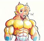 abs absurd_res anthro australian_cattle_dog barazoku biceps blue_body blue_fur bluey_(series) canid canine canis cattledog domestic_dog ears_up fur hair herding_dog hi_res male mammal multicolored_body multicolored_fur muscular muscular_anthro muscular_male nipples pastoral_dog pecs pinumontbalou radley_heeler simple_background solo yellow_body yellow_fur