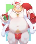 2022 anthro asgore_dreemurr beard belly big_belly blonde_hair blush boss_monster_(undertale) bovid bovine bulge caprine christmas christmas_clothing christmas_headwear clothing facial_hair fur gift hair hat headgear headwear hi_res holidays holly_(plant) horn long_ears male mammal moobs navel nipples o-ro overweight overweight_anthro overweight_male plant santa_claus santa_hat solo undertale undertale_(series) underwear white_body white_fur