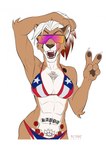 5_fingers abs anthro bikini breasts brown_body brown_fur claws cleavage clothed clothing cougar digital_media_(artwork) eyewear fangs felid feline female finger_claws fingers flag_bikini front_view fur gesture hair half-length_portrait hand_gesture hand_on_head hi_res highlights_(coloring) ivy_(bronx23) licking licking_lips mammal multyashka-sweet muscular muscular_female navel portrait pose puerto_rican_flag_bikini red_hair rose_tattoo simple_background solo sunglasses swimwear tattoo teeth tongue tongue_out two-piece_swimsuit v_sign white_background white_body white_fur white_hair