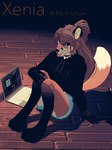 3:4 3d_(artwork) anthro barefoot bent_legs black_clothing black_hands black_markings black_nose black_paws black_shirt black_topwear blue_bottomwear blue_clothing blue_shorts blush bottomwear brown_hair canid canine character_name clothed clothing collar computer countershading cutoffs denim denim_bottomwear denim_clothing digital_media_(artwork) digitigrade dipstick_tail electronics eyewear feet female floor fox freckles fully_clothed fur glasses gloves_(marking) grey_text hair hi_res holding_both_legs inner_ear_fluff inside knees_pulled_up lamnatheshark laptop light lighting linux long_hair looking_at_viewer mammal manjaro markings orange_text ponytail red_body red_fox red_fur red_tail round_glasses shadow shirt shorts sitting solo tail tail_markings text text_on_clothing text_on_shirt text_on_topwear toes tongue tongue_out topwear trans_(lore) trans_woman_(lore) true_fox tuft two_tone_face two_tone_legs two_tone_tail white_body white_countershading white_fur white_inner_ear white_inner_ear_fluff white_tail_tip wood wood_floor xenia_(linux)