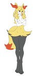 1:2 2019 4_toes alternate_species anthro arm_tuft big_breasts black_body black_fur blonde_hair braided_hair braixen braixrena breasts canid cheek_tuft claws clothing covering covering_breasts crossed_arms digital_drawing_(artwork) digital_media_(artwork) dress ear_tuft embarrassed eyebrows facial_tuft feet female fur generation_6_pokemon genitals grin hair hi_res implied_transformation leg_tuft long_hair mammal multicolored_body navel nickfaire nintendo nude orange_body orange_eyes orange_fur pokemon pokemon_(species) pokemorph pussy serena_(pokemon) shy simple_background smile snout solo standing tail thick_thighs toe_claws toes tuft two_tone_body unknown_artist white_background white_body white_fur yellow_body yellow_fur