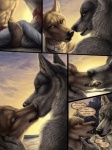 3:4 amon_(rukis) anthro canid canine canis clothed clothing collar comic dialogue drama duo english_text jackal kissing luther_denholme male male/male mammal metal_collar myenia outside red_lantern red_lantern_the_crimson_divine rukis speech_bubble story story_in_description text topless wolf