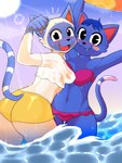 3:4 absurd_res animal_crossing anthro bar_emanata bikini blue_body blue_fur blue_hair blush blush_stickers bottomwear butt clothed clothing cute_fangs domestic_cat duo emanata englam fangs felid feline felis female fur hair hi_res holding_object holding_pool_toy legs_in_water lens_flare looking_at_viewer looking_back mammal markings midriff mitzi_(animal_crossing) multicolored_body multicolored_fur nintendo nipple_outline open_mouth partially_submerged pool_toy rosie_(animal_crossing) sea shirt shorts smile standing standing_in_water striped_markings striped_tail stripes submerged_legs sun swimwear tail tail_markings teeth thin_tail topwear two-piece_swimsuit two_tone_body two_tone_fur water wavy_tail wet wet_clothing wet_shirt wet_topwear white_body white_fur