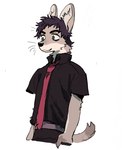 2024 anthro axian6777 belt billie_joe_armstrong black_nose canid canine clothed clothed_anthro clothed_male clothing collared_shirt digital_drawing_(artwork) digital_media_(artwork) eyebrows fingers front_view fur green_day green_eyes hair half-length_portrait hand_in_pocket hi_res inner_ear_fluff male mammal mouth_closed necktie pockets portrait red_necktie shirt simple_background solo tail three-quarter_view topwear tuft whiskers white_background