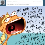 1:1 applejack_(mlp) ask_jappleack blonde_hair dialogue digital_media_(artwork) earth_pony english_text equid equine female feral friendship_is_magic grass green_eyes hair hasbro horse hotdiggedydemon mammal mane my_little_pony open_mouth plant pony ponytail solo teeth text tongue tumblr