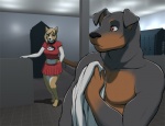 2009 anthro bottomwear canid canine canis cheerleader clothed clothed/nude clothed_anthro clothing comic digital_media_(artwork) domestic_dog duo female herding_dog locker_room male mammal mastiff meesh molosser nude nude_anthro pastoral_dog rottweiler skirt welsh_corgi