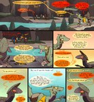 atlatl comic desert dialogue dinosaur dragon drekir dromaeosaurid english_text female feral fighting_pose forl_(thepatchedragon) gila_(thepatchedragon) group hi_res hiker_(thepatchedragon) knife male mythological_creature mythological_scalie mythology pose post-apocalyptic prehistoric_species ralan_(thepatchedragon) reptile river scalie text thepatchedragon theropod tribal tribal_clothing water