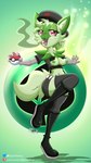 absurd_res anthro breasts clothed clothing digiarticgrey drugs female generation_9_pokemon green_body hat headgear headwear hi_res holding_object legwear looking_at_viewer marijuana nintendo nipples pokeball pokemon pokemon_(species) pokemorph smoke smoking solo sprigatito