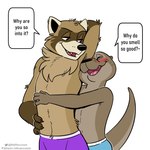 Rating: q
ID: 5577573
Date: 2025-05-16 21:17:52 -0400
Status: active
Score: 115
1:1 absurd_res anthro armpit_fetish armpit_sniffing blush brown_body clothed clothing dialogue digital_media_(artwork) duo english_text eyes_closed felix_(nik159) fur hi_res hug hugging_another hugging_from_behind male male/male mammal mustelid nik_(nik159) nikraccoom open_mouth otter procyonid raccoon simple_background smile sniffing standing tail teeth text topless topless_anthro topless_male underwear underwear_only post #5577573