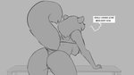 16:9 2020 anthro bent_over biped breasts butt clothed clothing digital_drawing_(artwork) digital_media_(artwork) english_text exposed_breasts female fingers furniture grey_background greyscale hair humor long_hair long_tail mammal monochrome nipples panties pun rear_view rodent sciurid simple_background solo speech_bubble table tail text underwear watsup widescreen