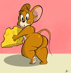 2020 absurd_res anthro big_butt butt cheese dairy_products food hi_res holding_food holding_object iyzeekiil jerry_mouse looking_at_viewer male mammal metro-goldwyn-mayer mouse multicolored_body murid murine overweight overweight_anthro overweight_male pawpads plantigrade rodent signature solo surprise thick_thighs tom_and_jerry two_tone_body