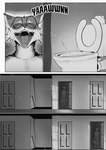 anthro arcsuh black_and_white bodily_fluids comic detailed_background digital_media_(artwork) english_text eyewear genital_fluids glasses hi_res inside male mammal monochrome open_mouth peeing procyonid raccoon simple_background solo teeth text tongue urine urine_stream zeek_(arcsuh)